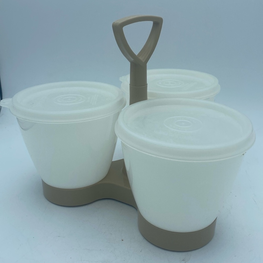 VTG 70’s Tupperware condiment caddy almond 3 containers camping bbq picnics